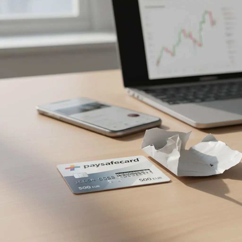 Paysafecard 500 euro karta položená na stole s technologickým zařízením na pozadí.